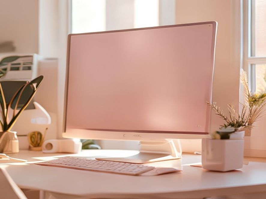Side view showing proper monitor positioning at eye level from seated desk position