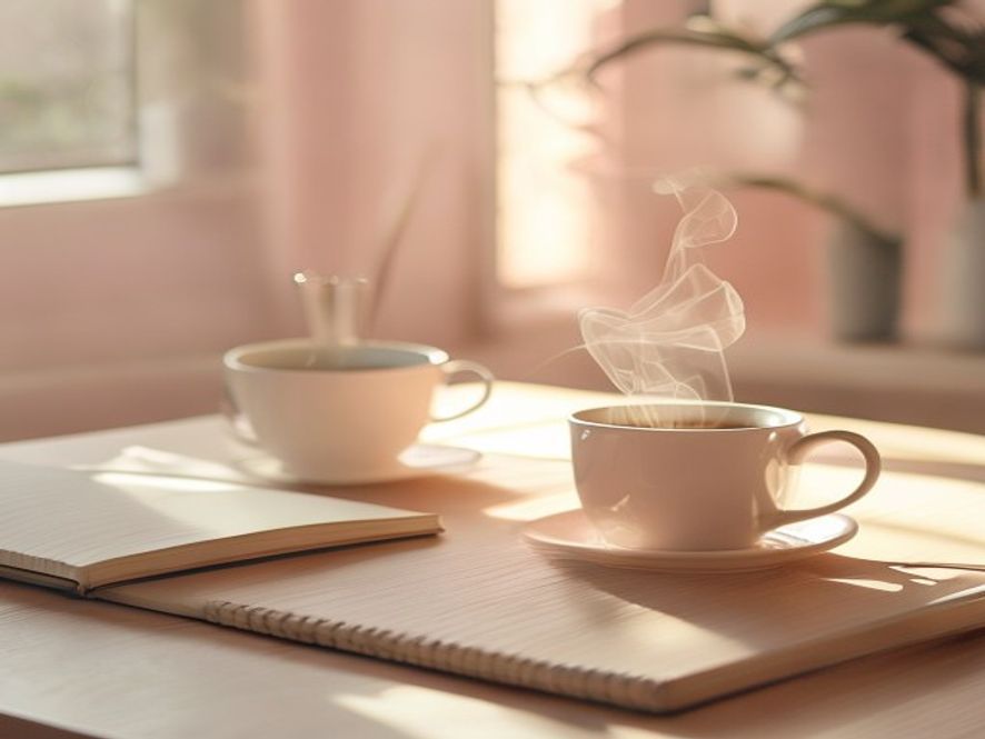 Clean desk with coffee cup and ergonomic chair adjustment in morning light